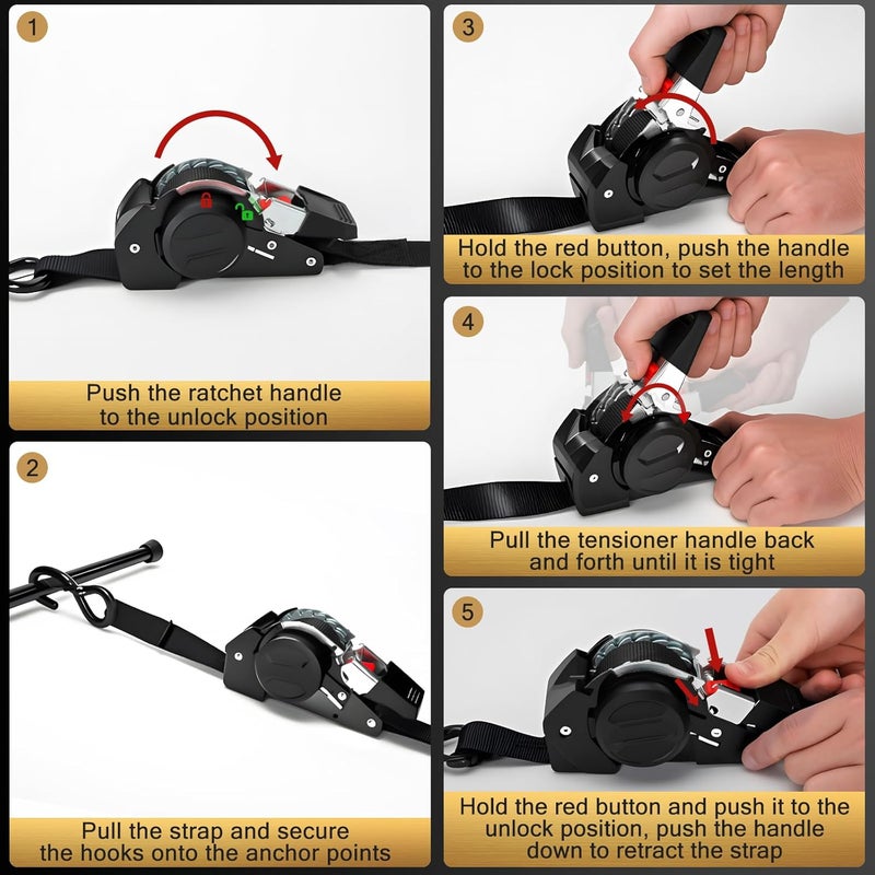 IAZZCO Retractable Ratchet Tie Down Straps - 1 Inch x 10 Feet (1800 LB Break Strength) Heavy Duty Self Retracting Ratchet Straps, for Trucks/ATV/Motorcycle/Cargo/Household（Black/4 Pack） - Image 4